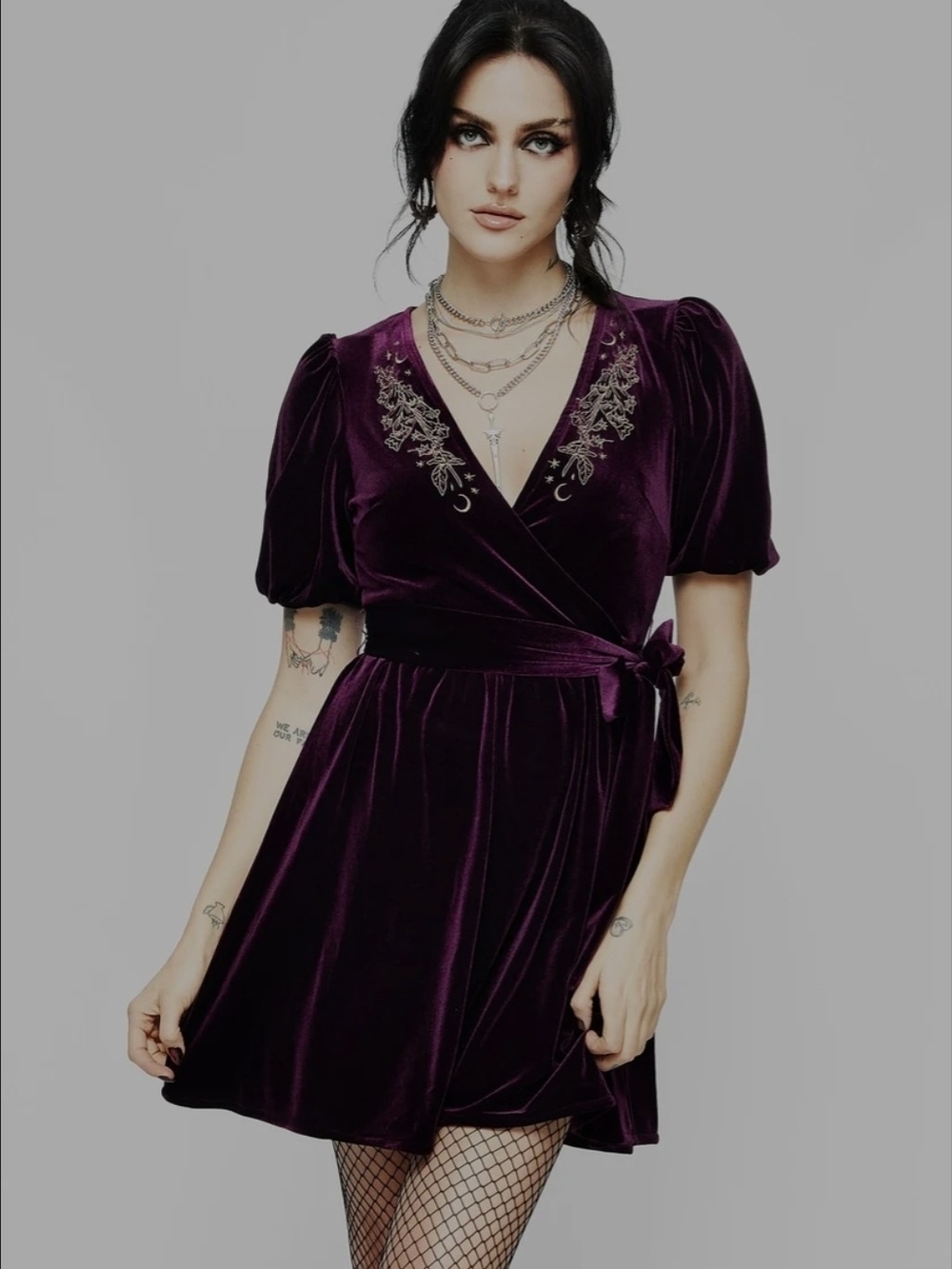 Hera Embroidered Mini Wrap Dress in Deep Plum